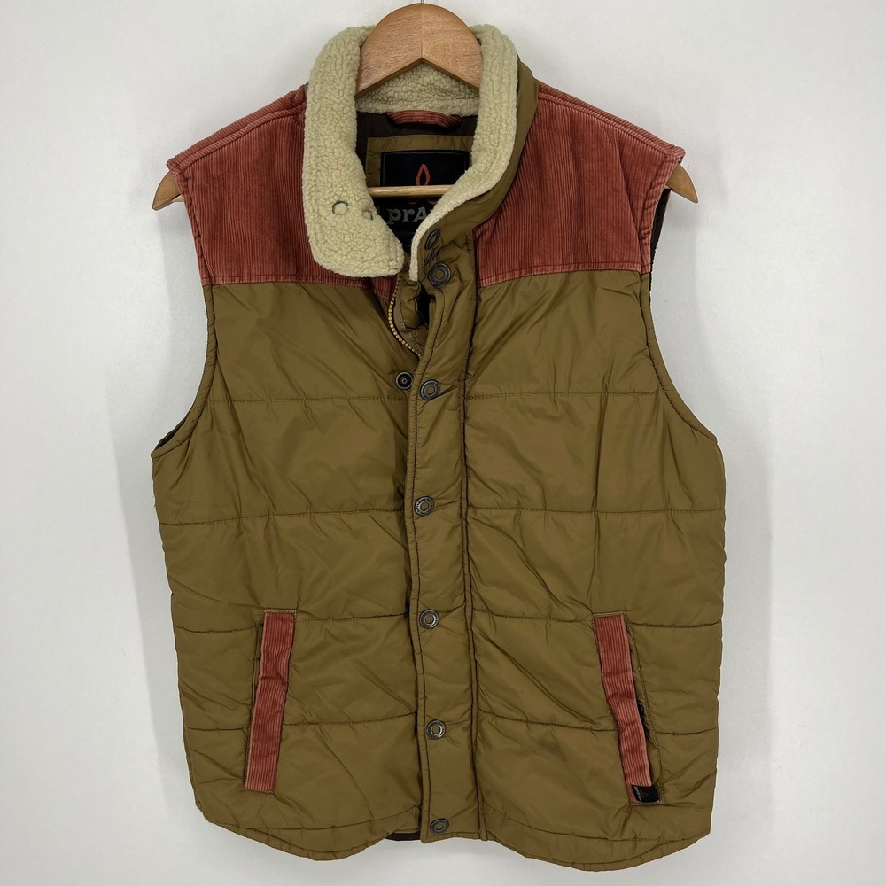 Prana Mens Quilted Vest Olive Green Rust Corduroy Sherpa Collar Small